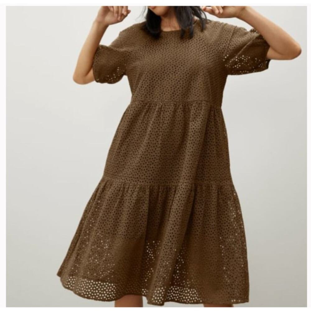 Everlane Brown Eyelet Tiered Midi Dress Puff Sleeves Minimal Cottagecore XS